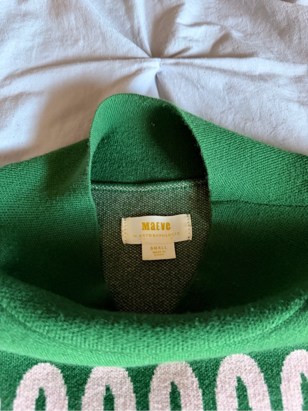 Anthropologie Maeve Green Wave-Pattern Mock Neck Sweater with Cream Accents - Picture 3 of 3